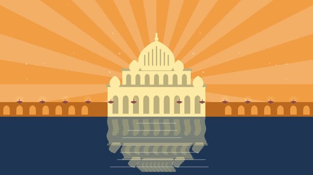 Guru Nanak Jayanti golden Temple with rippling reflection on saffron sunburst, flat vector animation seamless loop