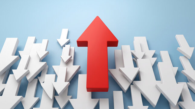 Red arrow pointing up amidst many white arrows pointing down, symbolizing leadership, success, and standing out from the crowd.