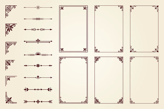 ornate brown frames and corners vintage vector set for elegant wedding invitation design