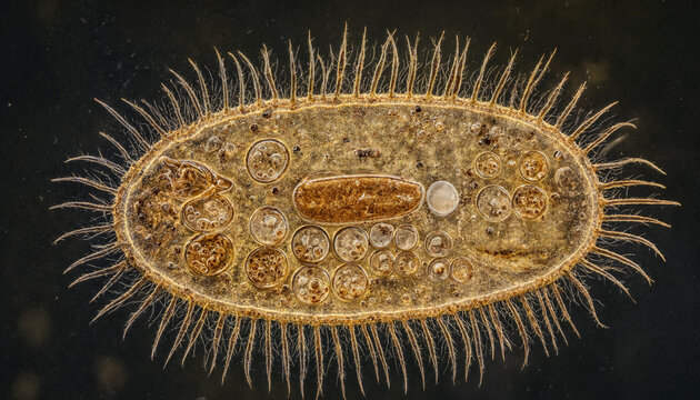 Microscopic macro photograph of a single celled paramecium ciliate organism displaying detailed internal organelles, vacuole structures, and fine cilia hair photo