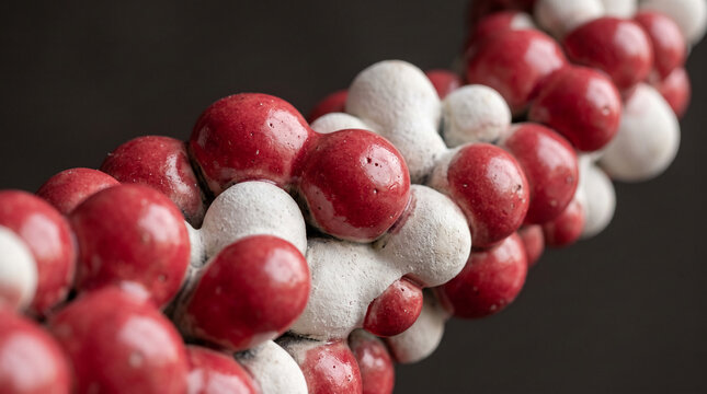 Close-up of glossy red and matte white spheres in a linear arrangement, representing a scientific structure or decorative element, with a dark background for contrast