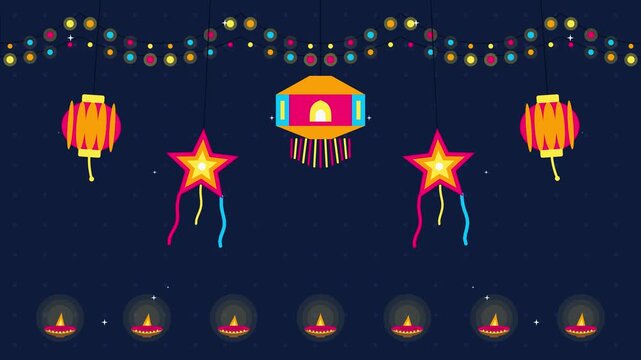 Diwali swinging akash kandil lanterns with twinkling string lights and diyas, flat vector animation seamless loop
