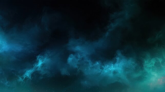 Dreamlike nightscape with shimmering blue-green steam clouds and ink textures
