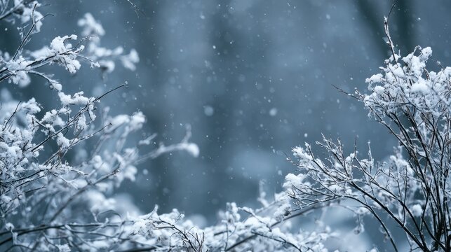Frosty branches in a wide winter scene with gentle snowfall and muted light