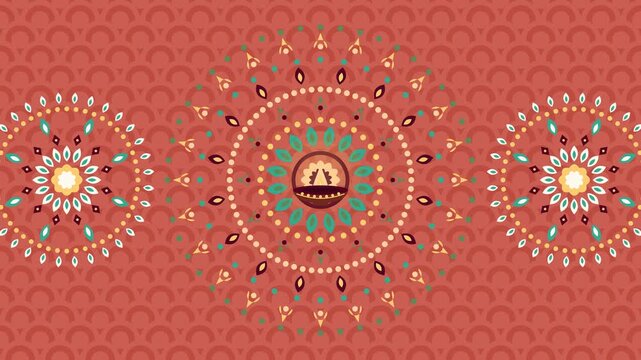 Diwali counter rotating rangoli mandala with diya at the center, flat vector animation seamless loop
