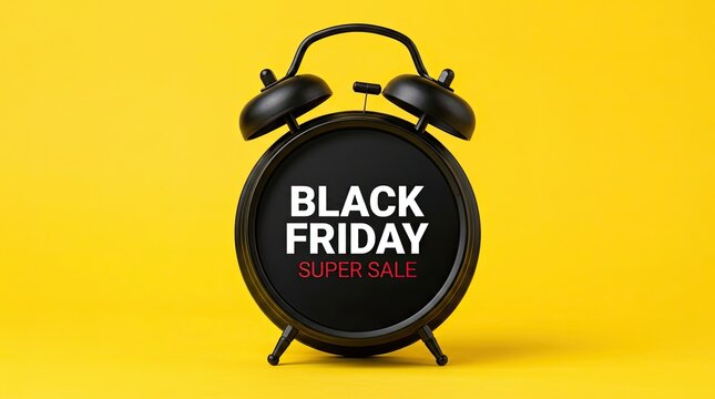 Black friday sale announcement displayed on a vintage alarm clock against a yellow background