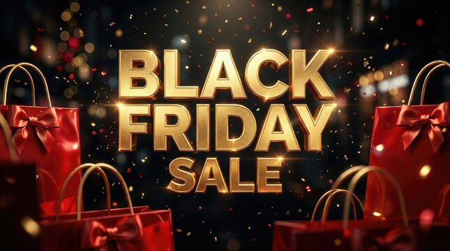 Dramatic black friday sale advertisement with golden text and red shopping bags