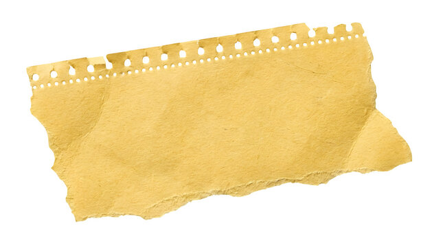 A torn piece of vintage yellow paper with a perforated edge isolated on a transparent background