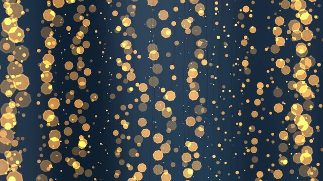 Golden octagonal bokeh from hanging curtain string lights over navy fabric as the focus slowly shifts, festive background loop