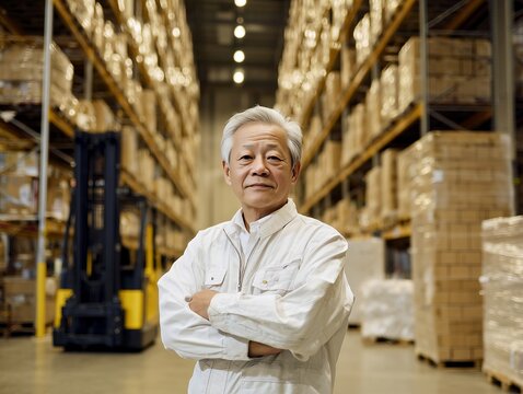 巨大な物流倉庫の棚を背に腕組みをして堂々と佇む作業服姿のベテラン男性スタッフ