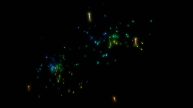 Realistic emerald green sapphire blue fireworks burst on black background, 16s 4k transparent explosive celebration video overlay for screen blend mode, seamless looping motion graphic visual effects