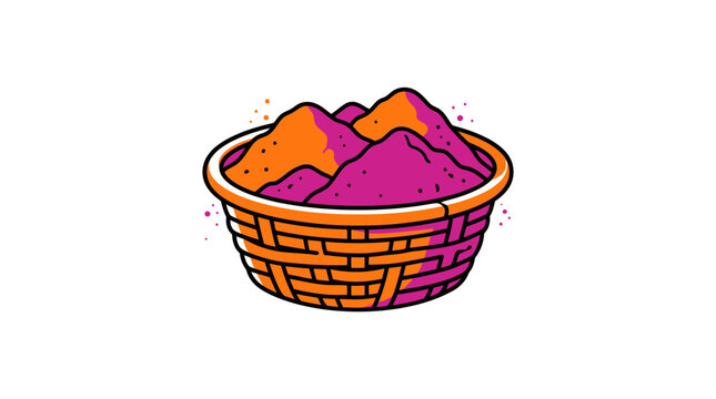 Holi festival vector icon set featuring colorful powder woven basket