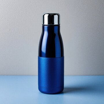 Sleek blue vacuum insulated food flask with glossy metallic cap on blue surface. Modern thermos container for hot cold meal storage. Minimalist stainless steel canister for eco friendly lifestyle,