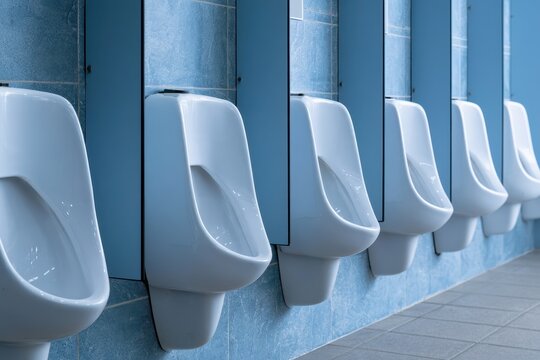 Row of clean white urinals mounted on blue tiled walls in a public restroom. Ideal for hygiene, sanitation, and commercial facility management themes.