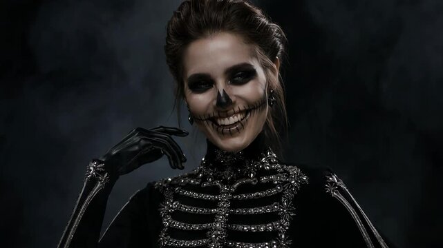 Woman in jeweled skeleton costume smiles and poses with skull face paint. Halloween fashion and costume makeup. Skeleton disguise for seasonal celebration. Gothic style and spooky party