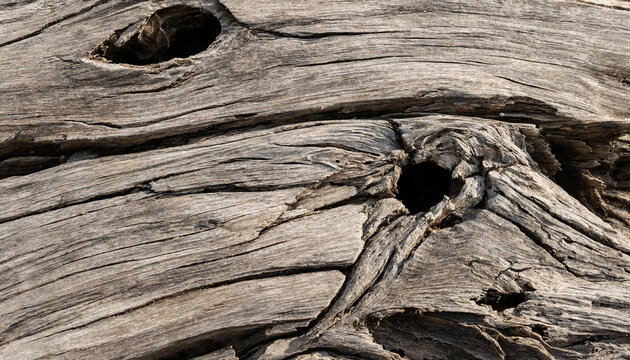 Macro close up texture background of old weathered gray driftwood with natural deep cracks, tree knots, and organic wood grain pattern for rustic design photo