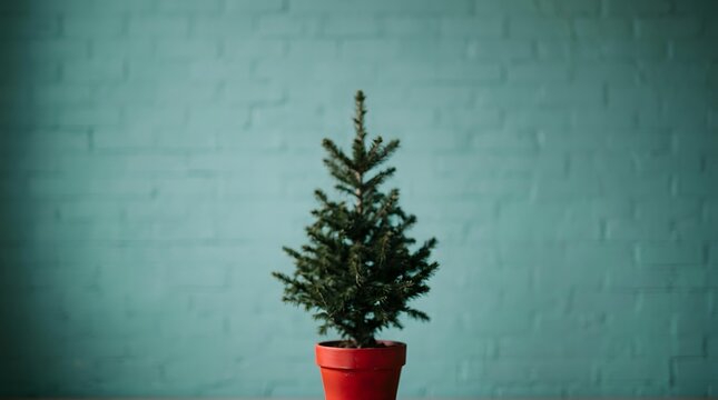 Small potted evergreen tree against a textured teal blue wall background