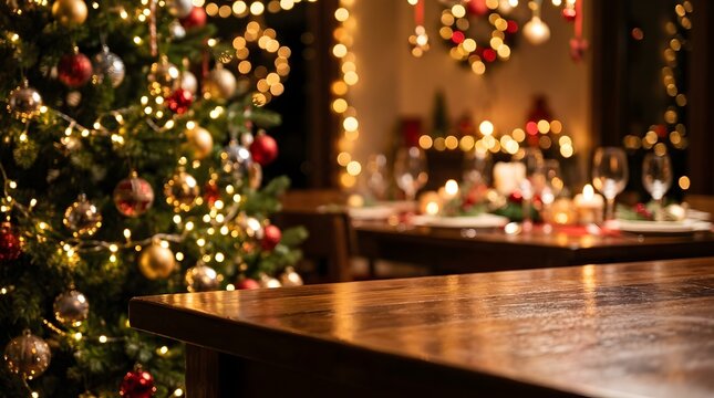Festive christmas tree with blurred lights and warm reflections on a wooden floor