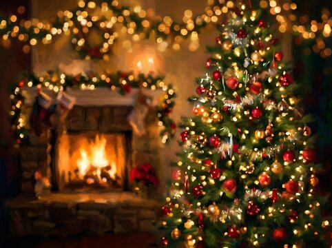 Warm and cozy christmas scene with a decorated tree and glowing fireplace