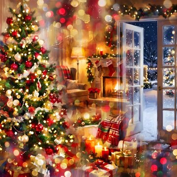 Warm and inviting christmas scene with decorated tree and glowing lights inside a home
