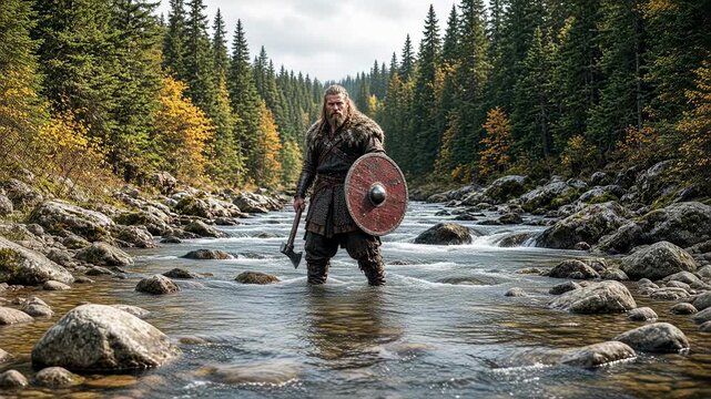 Viking warrior at a river ford