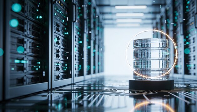 Stacked glass database cylinder wrapped in glowing ring on dark pedestal, reflective circuit floor in perspective, blurred server corridor with cyan bokeh, data protection security 3D render