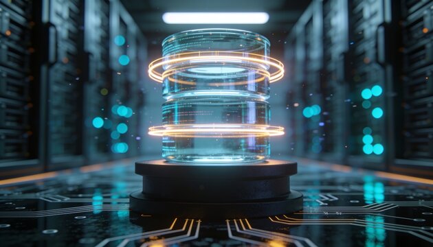 Stacked glass database cylinder wrapped in glowing ring on dark pedestal, reflective circuit floor in perspective, blurred server corridor with cyan bokeh, data protection security 3D render