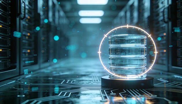 Stacked glass database cylinder wrapped in glowing ring on dark pedestal, reflective circuit floor in perspective, blurred server corridor with cyan bokeh, data protection security 3D render
