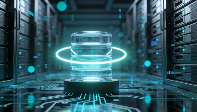 Stacked glass database cylinder wrapped in glowing ring on dark pedestal, reflective circuit floor in perspective, blurred server corridor with cyan bokeh, data protection security 3D render