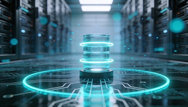 Stacked glass database cylinder wrapped in glowing ring on dark pedestal, reflective circuit floor in perspective, blurred server corridor with cyan bokeh, data protection security 3D render