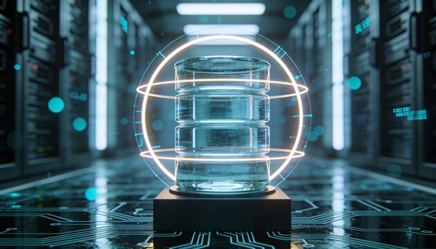 Stacked glass database cylinder wrapped in glowing ring on dark pedestal, reflective circuit floor in perspective, blurred server corridor with cyan bokeh, data protection security 3D render