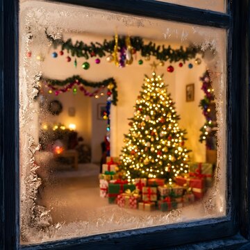 Warm cozy christmas scene viewed through a frosted window at night
