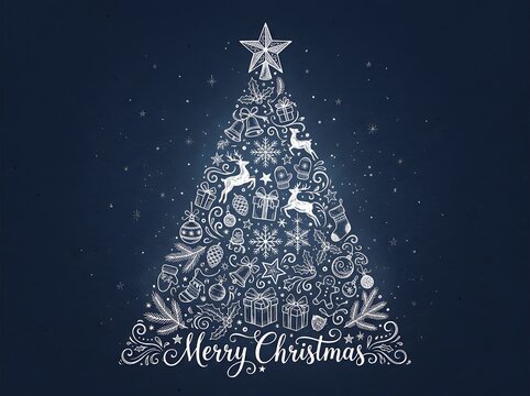 Festive christmas tree illustration composed of reindeer and holiday greetings
