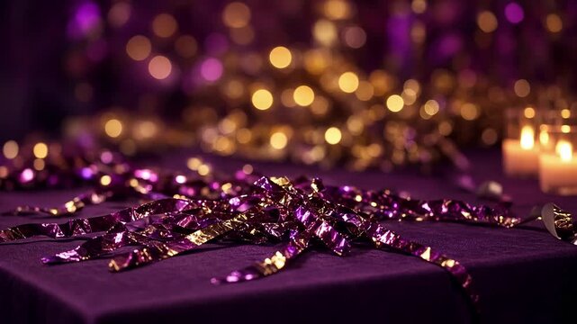 Party table corner with metallic streamers and warm bokeh
