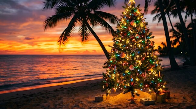Festive christmas tree on a tropical beach at sunset with palm trees