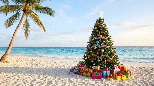 Tropical christmas celebration on a white sand beach with palm tree and ocean