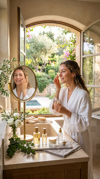 Woman Applying Skincare Routine in Sunlit Bathroom. 