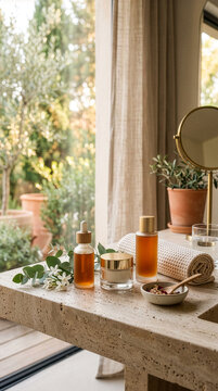 Skincare Products on Stone Countertop in Bathroom. 