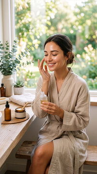 Woman Applying Skincare Serum in Sunlit Room Near Window