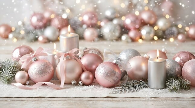Elegant christmas decoration with pastel ornaments and glowing candles on a light wood surface