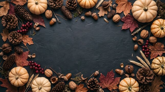 Autumn harvest arrangement with pumpkins leaves and acorns on a dark surface