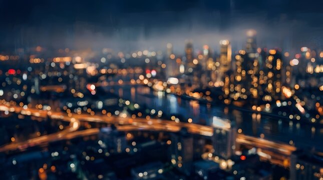 Abstract blurred cityscape at night with glowing lights and dark moody tones