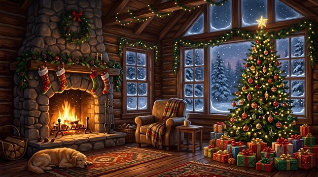 Cozy christmas interior with a decorated tree and warm fireplace on a snowy evening
