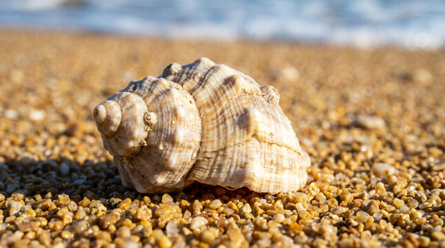 A beautiful seashell resting on a sandy beach with blurred ocean waves in the background