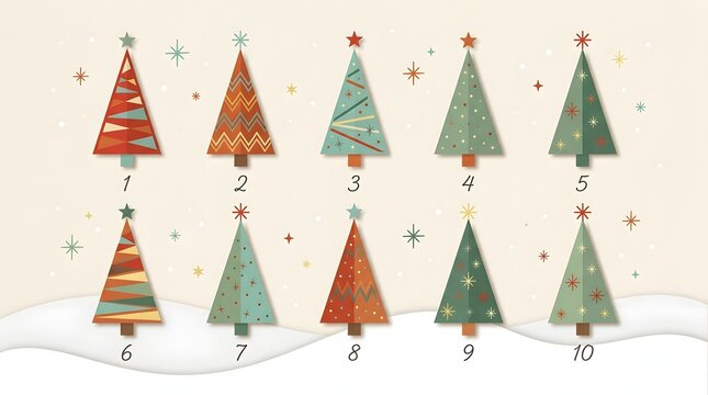 Colorful whimsical christmas trees in a festive arrangement with falling snowflakes