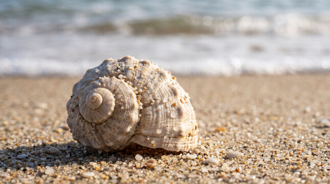 A beautiful seashell resting on the sandy beach with ocean waves in the background