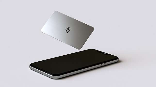Contactless payment concept with modern smartphone and credit card floating above screen for digital finance and banking commerce design