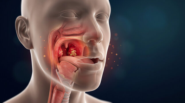 Tonsillitis Throat Infection Medical Illustration Showing Swollen Inflamed Tonsils Inside Human Throat With Highlighted Affected Area