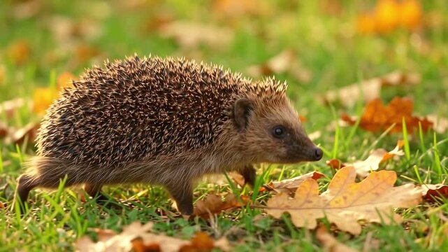 European Hedgehog Walking on Green Grass with Fallen Autumn Leaves   