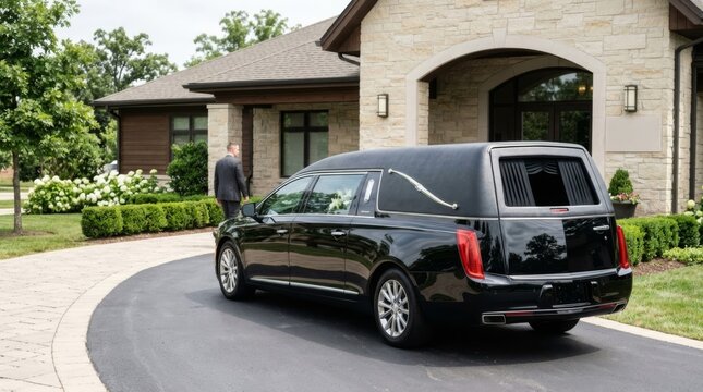 Black funeral hearse parked at a serene chapel entrance with a professional man approaching, representing reliable funeral services and dignified care in a modern setting